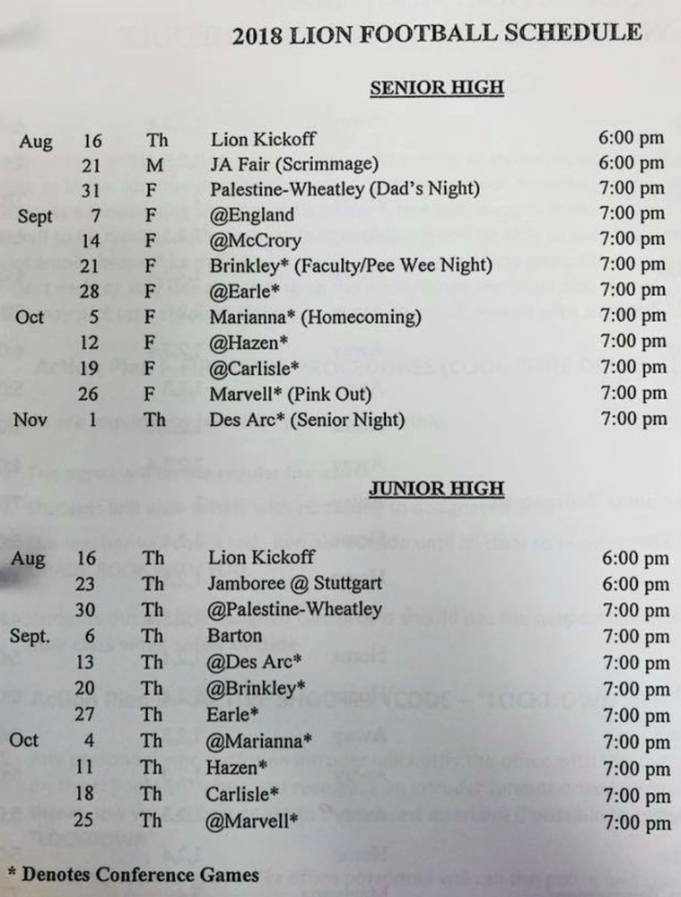 2018 Football Schedule